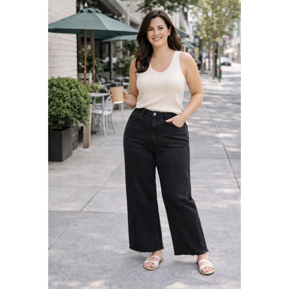 Good American Good Ease Wide Leg Jeans 16 Petite Black Raw Hem Relaxed NWT